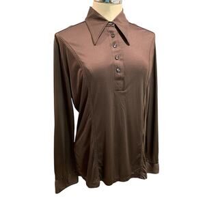 Large Tarmi Vintage 1970s Brown Polyester Womens Shirt Pullover Point Collar